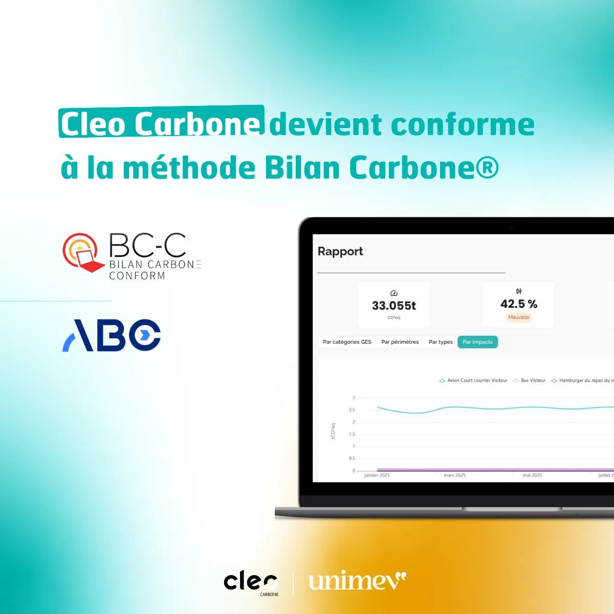 Visuel d'annonce : Cleo Carbone devient conforme à la méthode Bilan Carbone®, logos BC-C et ABC